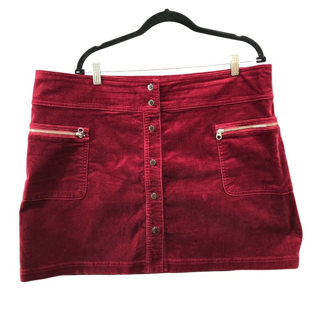 Gap High Rise Button Front Velvet Mini Skirt Womens 35R Red Zip Pocket